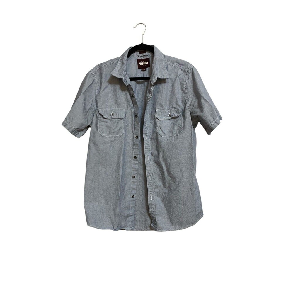 Alesbury Blue White Micro Stripe Short Sleeve Shirt Slim Fit L Cotton